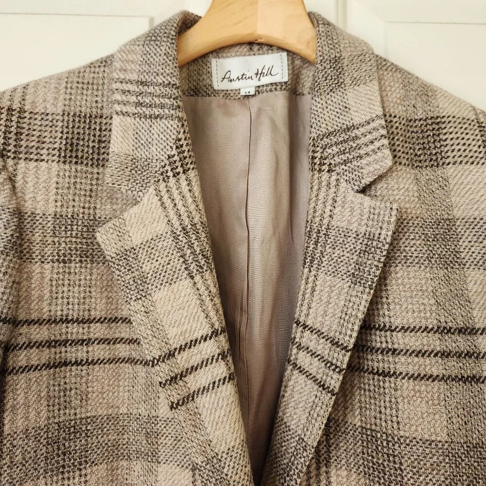 Austin Hill Beige Brown Plaid 100% Wool Blazer Jacket Preppy Winter Work Office - Picture 3 of 12